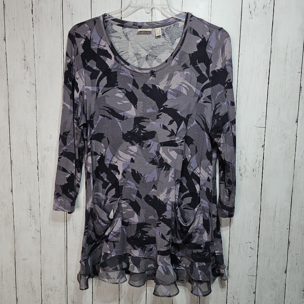 LOGO by Lori Goldstein Women's Purple Gray Camo ¾ Sleeve Knit Tunic Size Large.